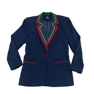 Ali Miles Blazer Jacket Size 6 Navy Blue Aztec Trim One Button Lined Pockets USA